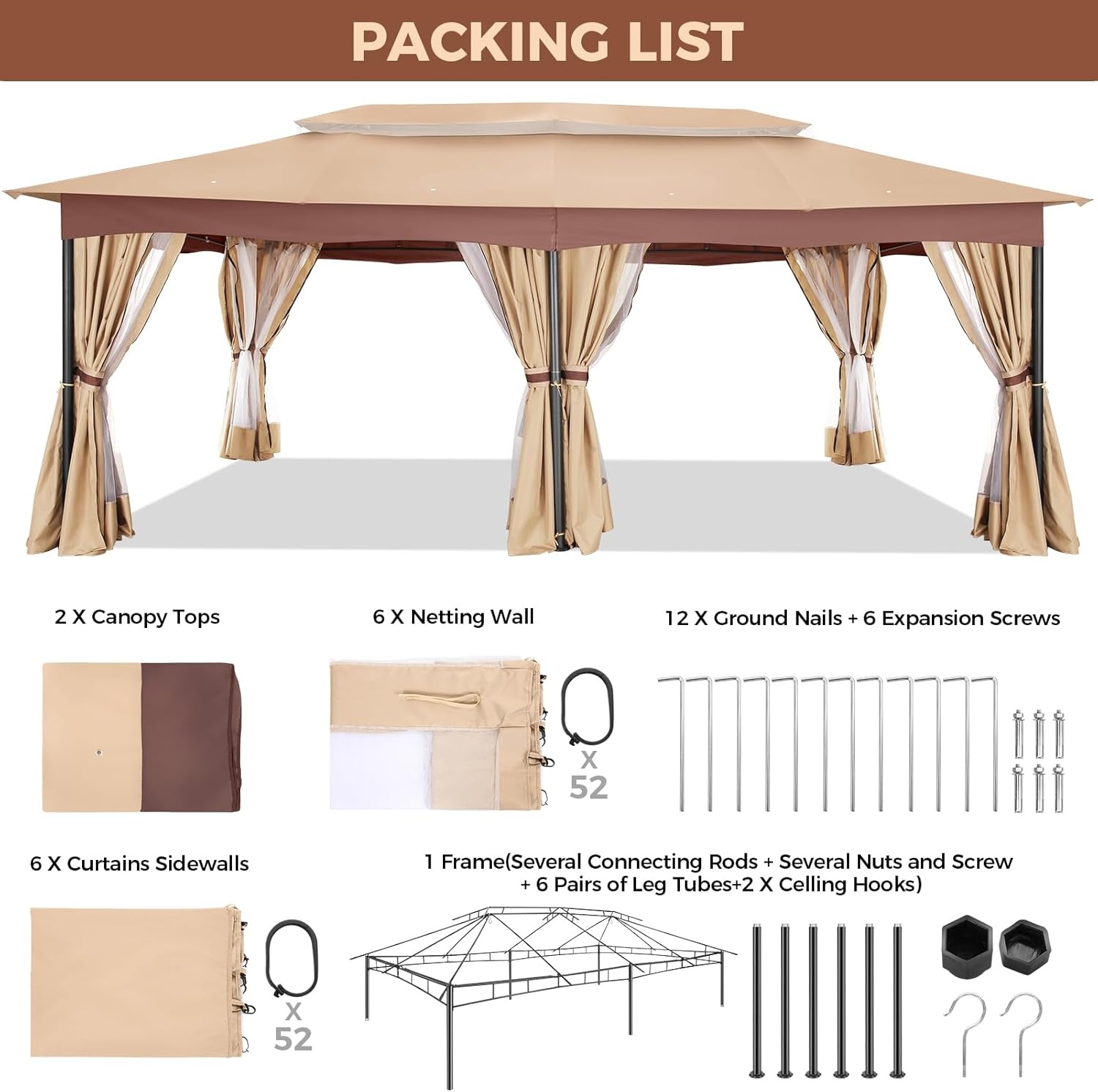 image:imageCOBIZI Gazebo 10x10 Heavy Duty Gazebos with Improved Nettings Outdoor Gazebo Double Roof Patio Gazebos with Metal Steel Frame Outdoor Canopy for Patio Deck Backyard GrayKhakiUPF50