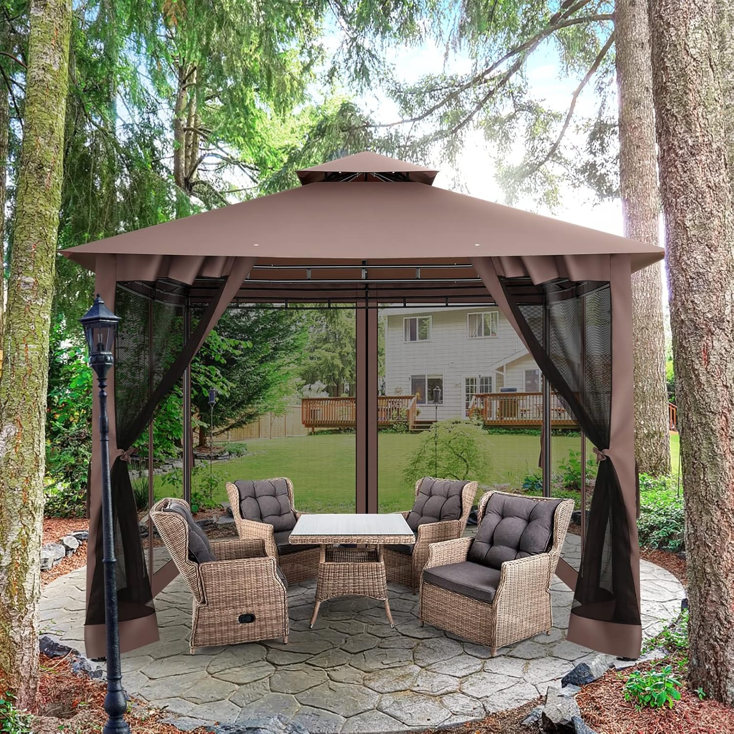 image:imageCOBIZI Gazebo 10x10 Heavy Duty Gazebos with Improved Nettings Outdoor Gazebo Double Roof Patio Gazebos with Metal Steel Frame Outdoor Canopy for Patio Deck Backyard GrayBrownUPF50