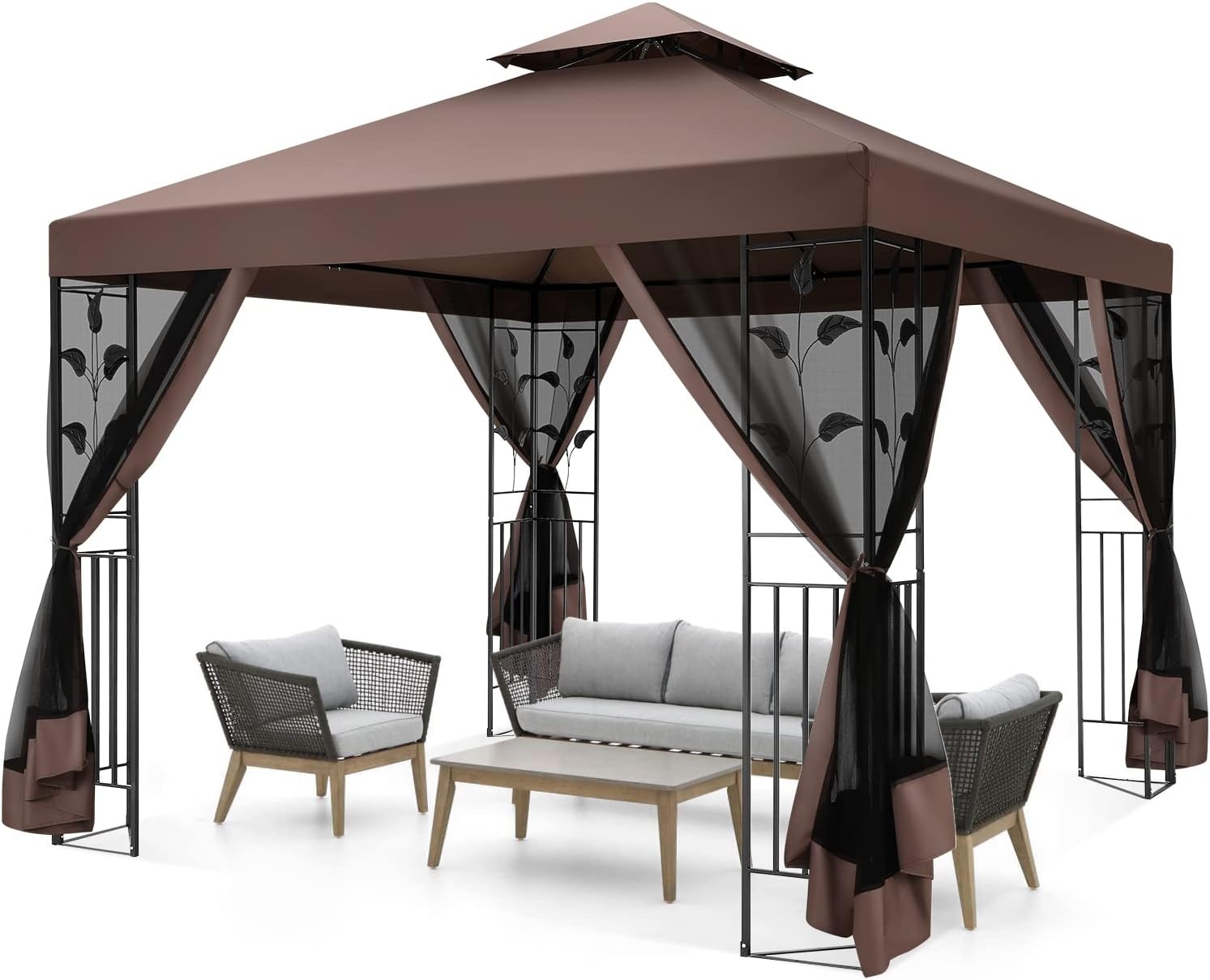 image:imageCOBIZI Gazebo 10x10 Heavy Duty Gazebos with Improved Nettings Outdoor Gazebo Double Roof Patio Gazebos with Metal Steel Frame Outdoor Canopy for Patio Deck Backyard GrayBrown