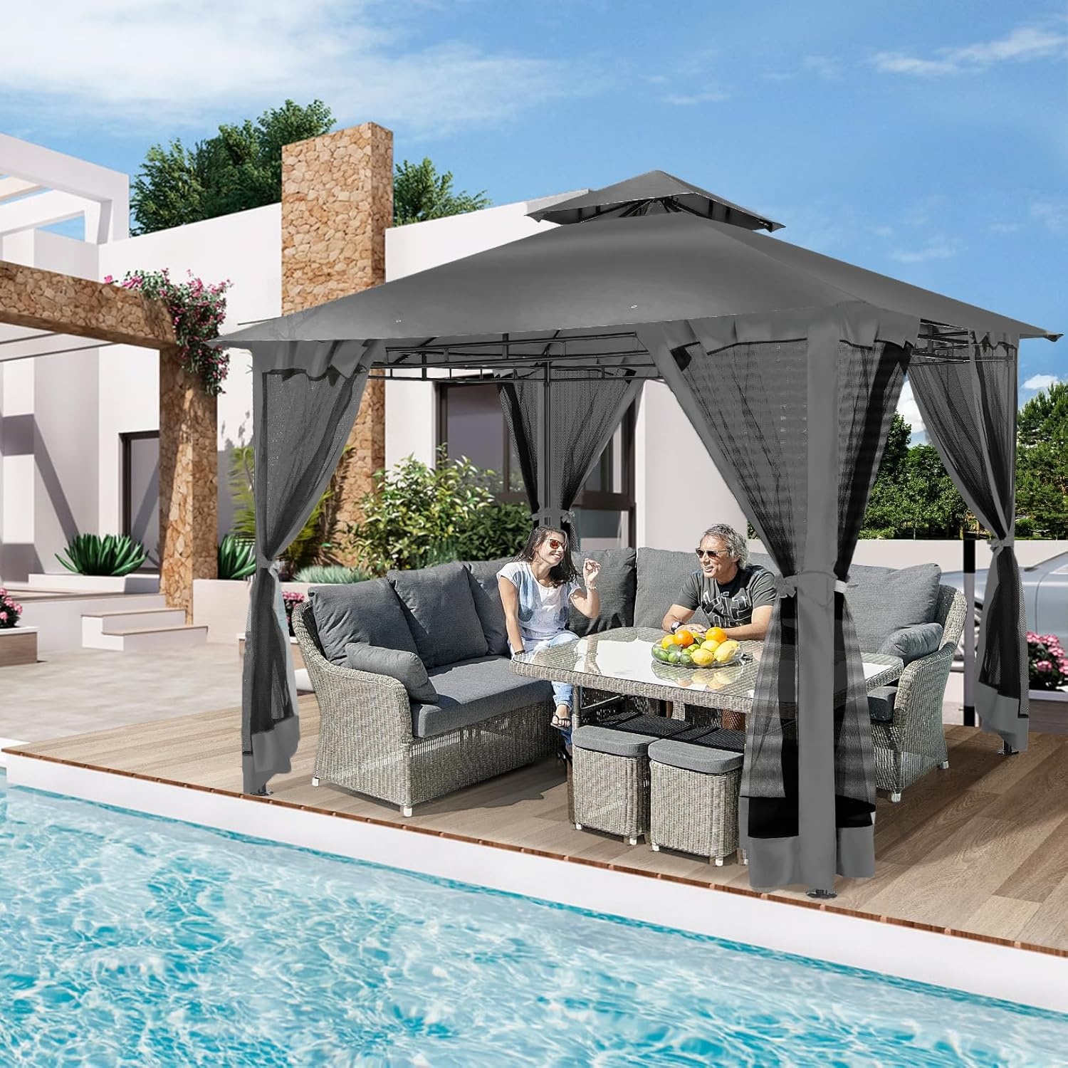 image:imageCOBIZI Gazebo 10x10 Heavy Duty Gazebos with Improved Nettings Outdoor Gazebo Double Roof Patio Gazebos with Metal Steel Frame Outdoor Canopy for Patio Deck Backyard GrayBlackUPF50
