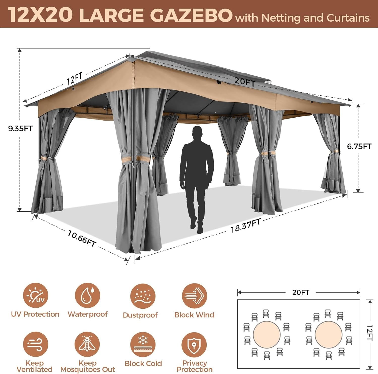 image:imageCOBIZI Gazebo 10x10 Heavy Duty Gazebos with Improved Nettings Outdoor Gazebo Double Roof Patio Gazebos with Metal Steel Frame Outdoor Canopy for Patio Deck Backyard GrayGrayUPF50