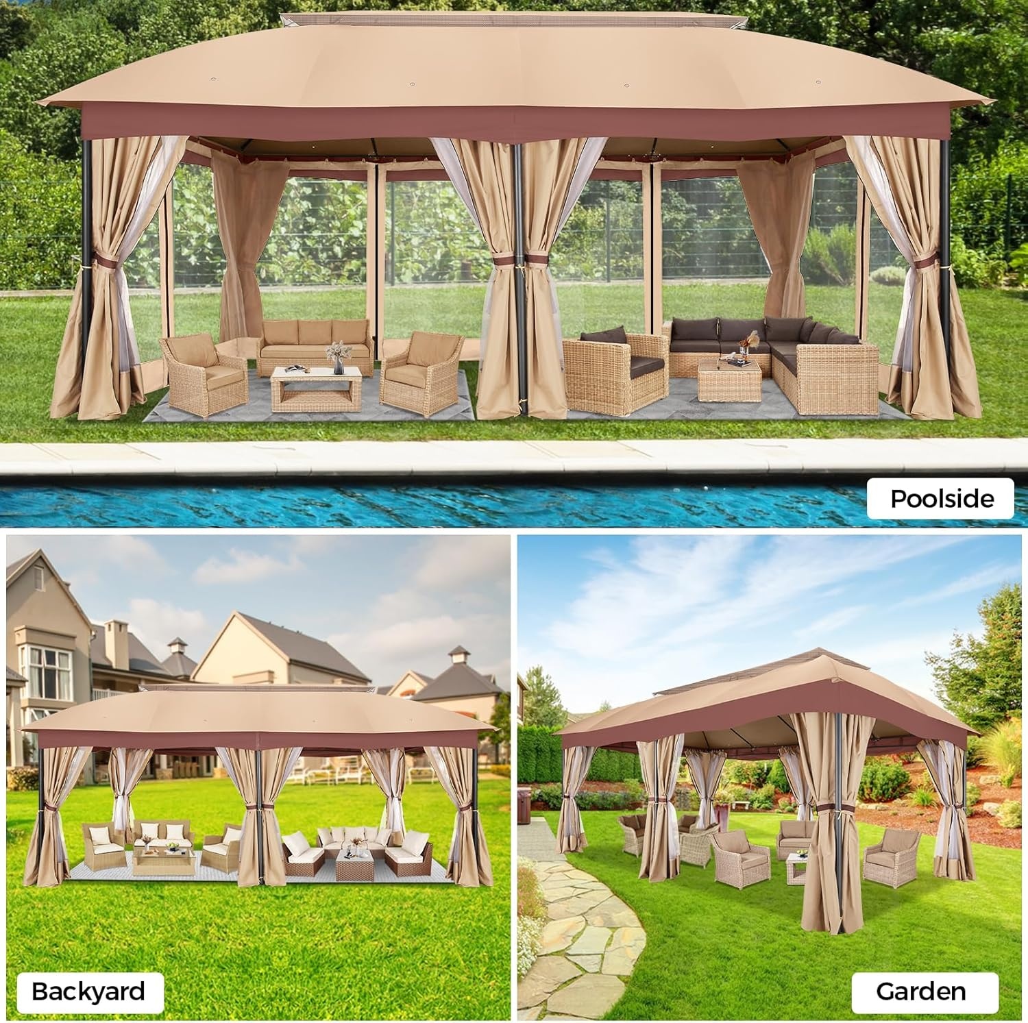 image:imageCOBIZI Gazebo 10x10 Heavy Duty Gazebos with Improved Nettings Outdoor Gazebo Double Roof Patio Gazebos with Metal Steel Frame Outdoor Canopy for Patio Deck Backyard GrayBeigeUPF50
