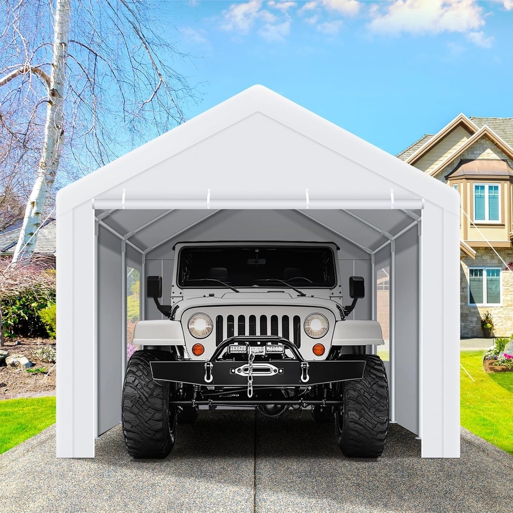 image:imageCOBIZI 10x20 Carport Heavy Duty Car Canopy Portable Garage Car Tent Garage Outdoor Shelter Upgrade Waterproof amp UV Protected with Windproof Ropes amp Builtin Sandbags for Cars Trucks and Boats Graysnowy white