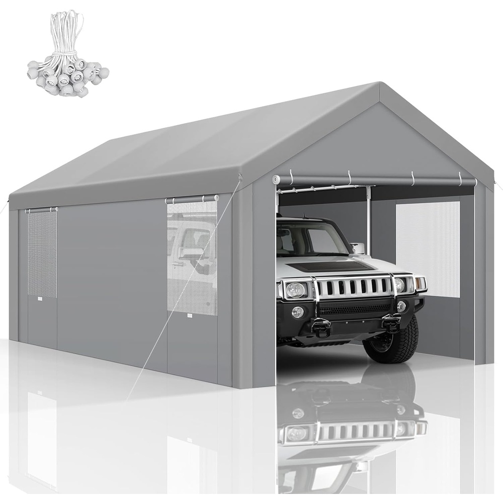 image:imageCOBIZI 10x20 Carport Heavy Duty Car Canopy Portable Garage Car Tent Garage Outdoor Shelter Upgrade Waterproof amp UV Protected with Windproof Ropes amp Builtin Sandbags for Cars Trucks and Boats Graylight Gray
