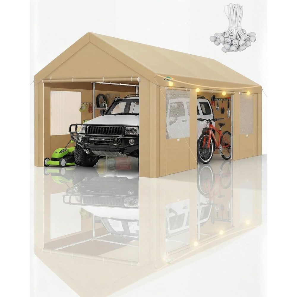 image:imageCOBIZI 10x20 Carport Heavy Duty Car Canopy Portable Garage Car Tent Garage Outdoor Shelter Upgrade Waterproof amp UV Protected with Windproof Ropes amp Builtin Sandbags for Cars Trucks and Boats GrayKhaki