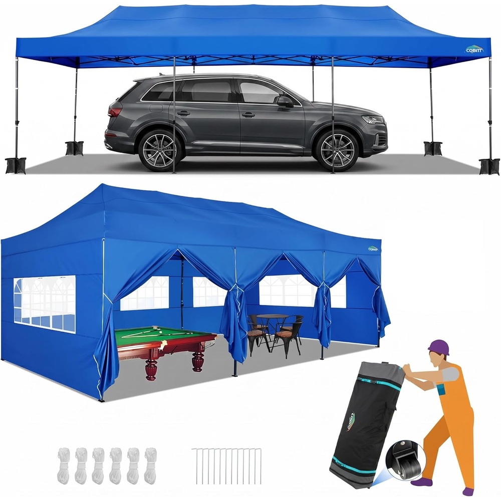 image:imageCOBIZI 10x20 Carport Heavy Duty Car Canopy Portable Garage Car Tent Garage Outdoor Shelter Upgrade Waterproof amp UV Protected with Windproof Ropes amp Builtin Sandbags for Cars Trucks and Boats GrayBlue