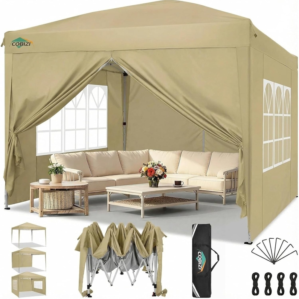 image:imageCOBIZI 10x20 FT Pop up Canopy Tent with Sidewalls Party Tents for Parties Carpas para Fiestas Easy Set Large Outdoor Popup Patio Gazebo for BackyardWeddingsVendorCommercial EventWhite UpgradeKhaki