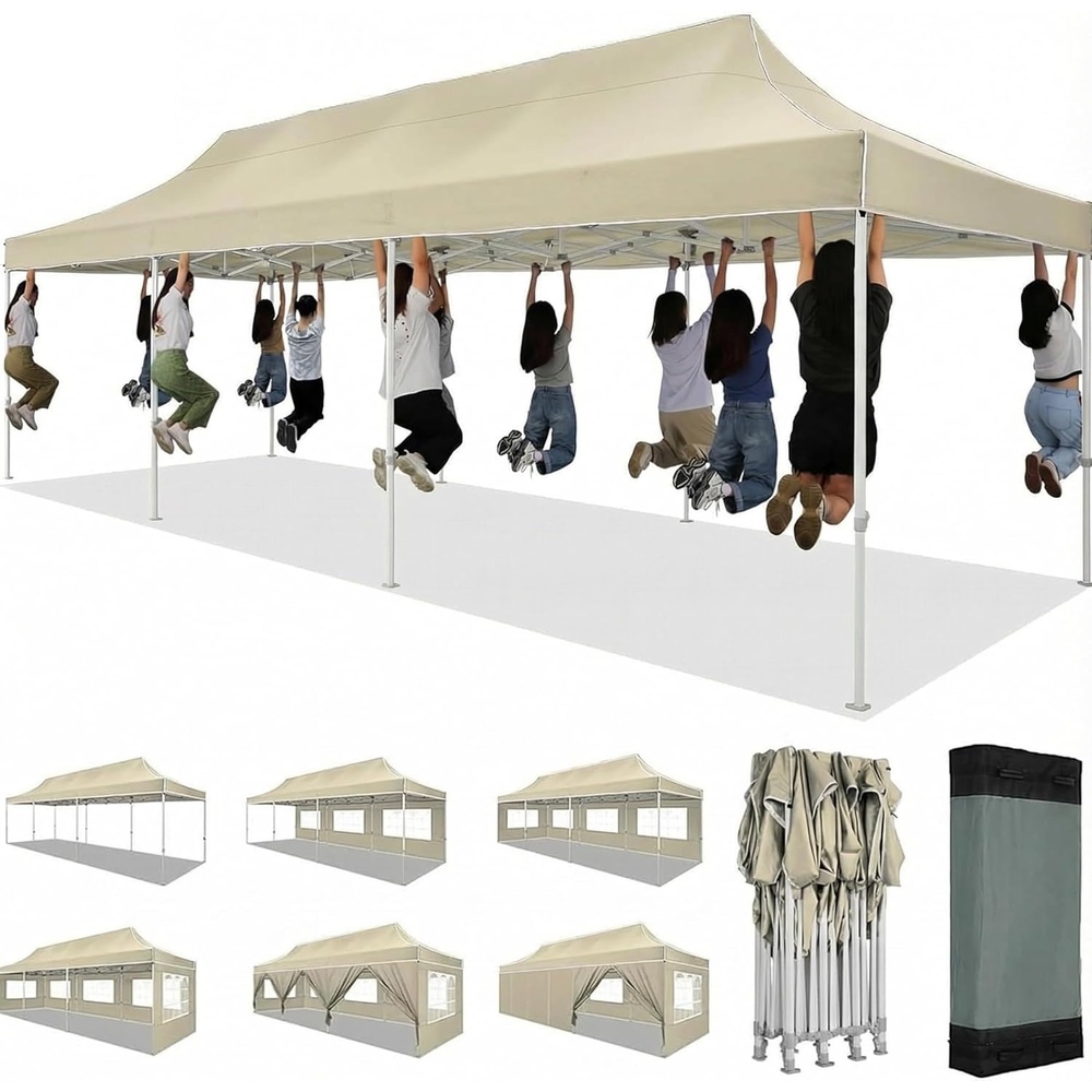 image:imageCOBIZI 10x30 Heavy Duty Pop up Canopy Tent for Parties with 8 SidewallsHexagonal Frame Easy Setup Outdoor Commercial Gazebo for Wedding Event with Portable Bag amp Sand Bags Khaki