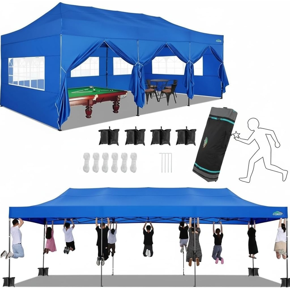 image:imageCOBIZI 10x30 Pop up Canopy Heavy Duty Outdoor Extra Thick Frame Tents with 8 sidewalls for Parties UPF 50 Waterproof Commercial Gazebo with Roller Bag BlueWindproof Upgraded