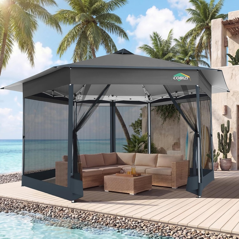 image:imageCOBIZI 16x16 Pop Up Gazebo Tent with Mosquito Netting Gazebos on Clearance Hexagonal Outdoor Canopy Shelter Patented Center Lock 6Sided Portable Gazebos Pop Up Canopy Tent for Backyard GrayGray
