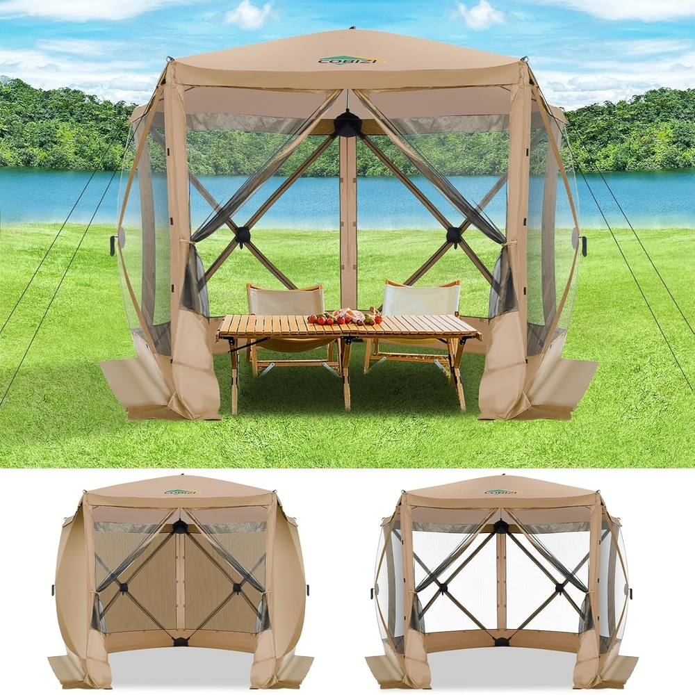 image:imageCOBIZI 16x16 Pop Up Gazebo Tent with Mosquito Netting Gazebos on Clearance Hexagonal Outdoor Canopy Shelter Patented Center Lock 6Sided Portable Gazebos Pop Up Canopy Tent for Backyard GrayKhaki