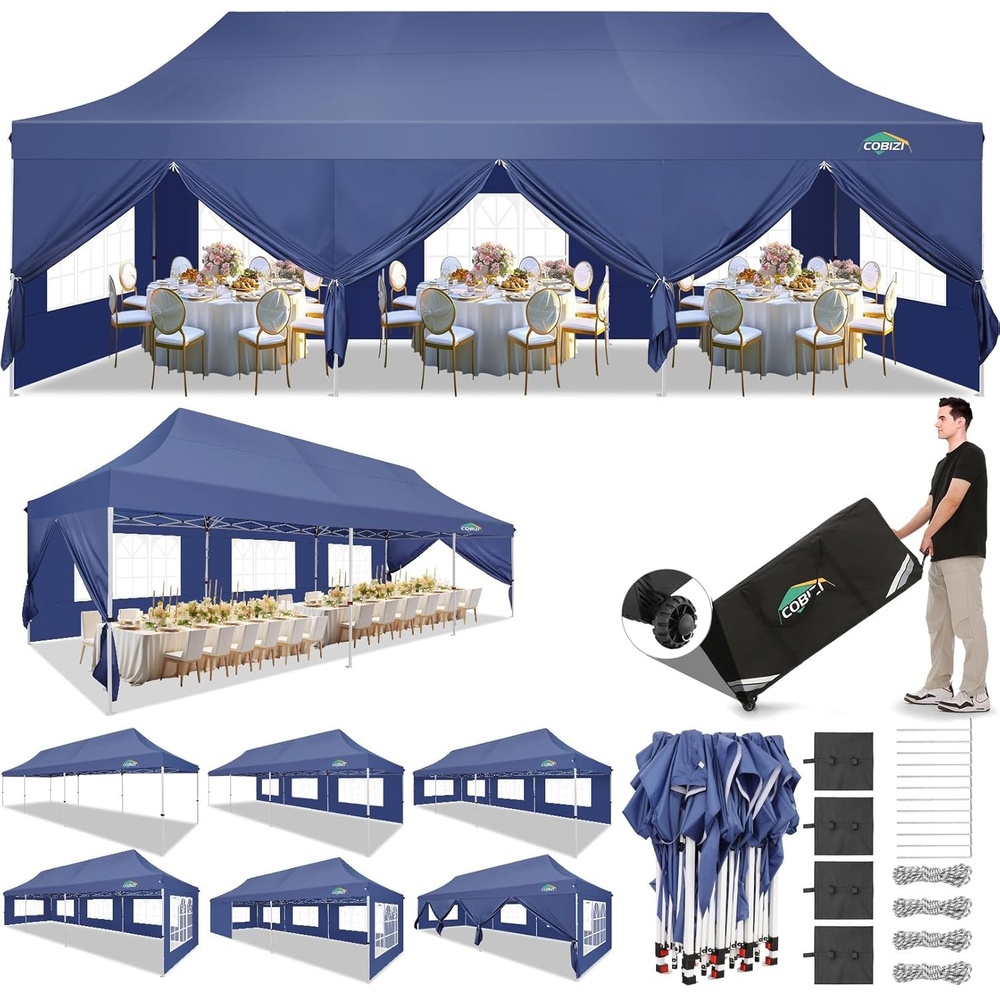 image:imageCOBIZI 16x16 Pop Up Gazebo Tent with Mosquito Netting Gazebos on Clearance Hexagonal Outdoor Canopy Shelter Patented Center Lock 6Sided Portable Gazebos Pop Up Canopy Tent for Backyard GrayDark Blue