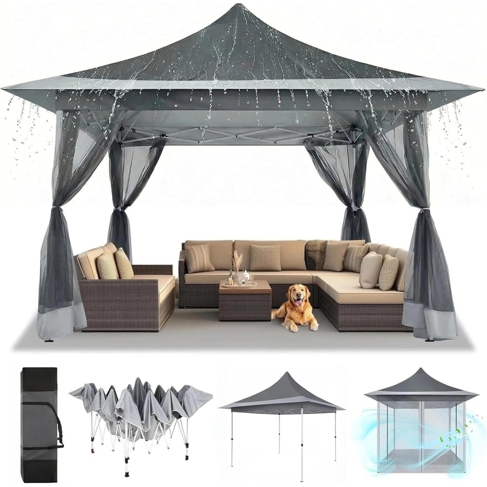 image:imageCOBIZI 16x16 Pop up Gazebo on Clearance Hexagonal Outdoor Canopy Tent with Mosquito Netting Adjustable Height and 256 Square ft of Shade for Party Backyard Gardens with Vented TopBrownDark Gray