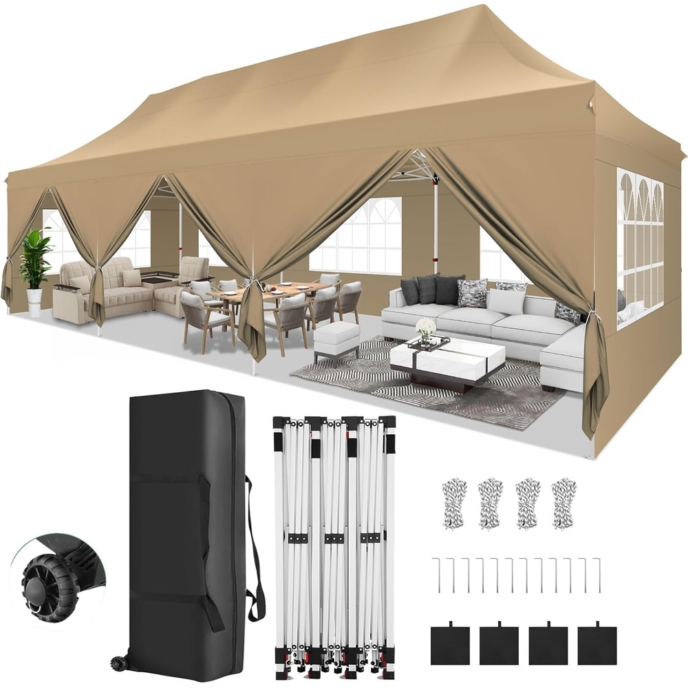 image:imageCOBIZI 16x16 Pop up Gazebo on Clearance Hexagonal Outdoor Canopy Tent with Mosquito Netting Adjustable Height and 256 Square ft of Shade for Party Backyard Gardens with Vented TopBrownKhaki1 year warranty