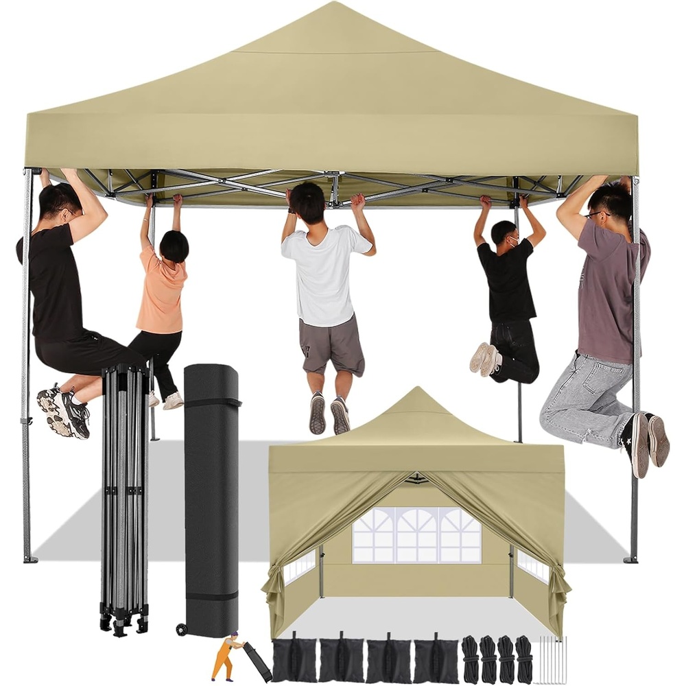 image:imageCOBIZI 66x66 Pop up Canopy Tent 66x66 Canopy No Sidewall Waterproof Heavy Duty Commercial for Parties Outdoor Garden Gazebo Tent Carry Bag with Wheel66x66ft No Sidewalls BlackKhaki