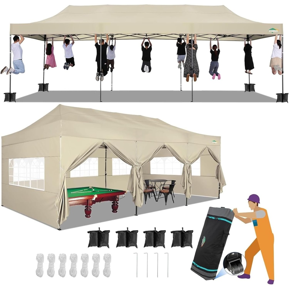 image:imageCOBIZI 66x66ft Pop Up Canopy Tent Heavy Duty Canopy Easy Set up Waterproof Outdoor Canopy Tent for Parties Beach Garden Camping with 1 Handbag 3 Adjustable Heights UPF50 Mist WhiteBeige