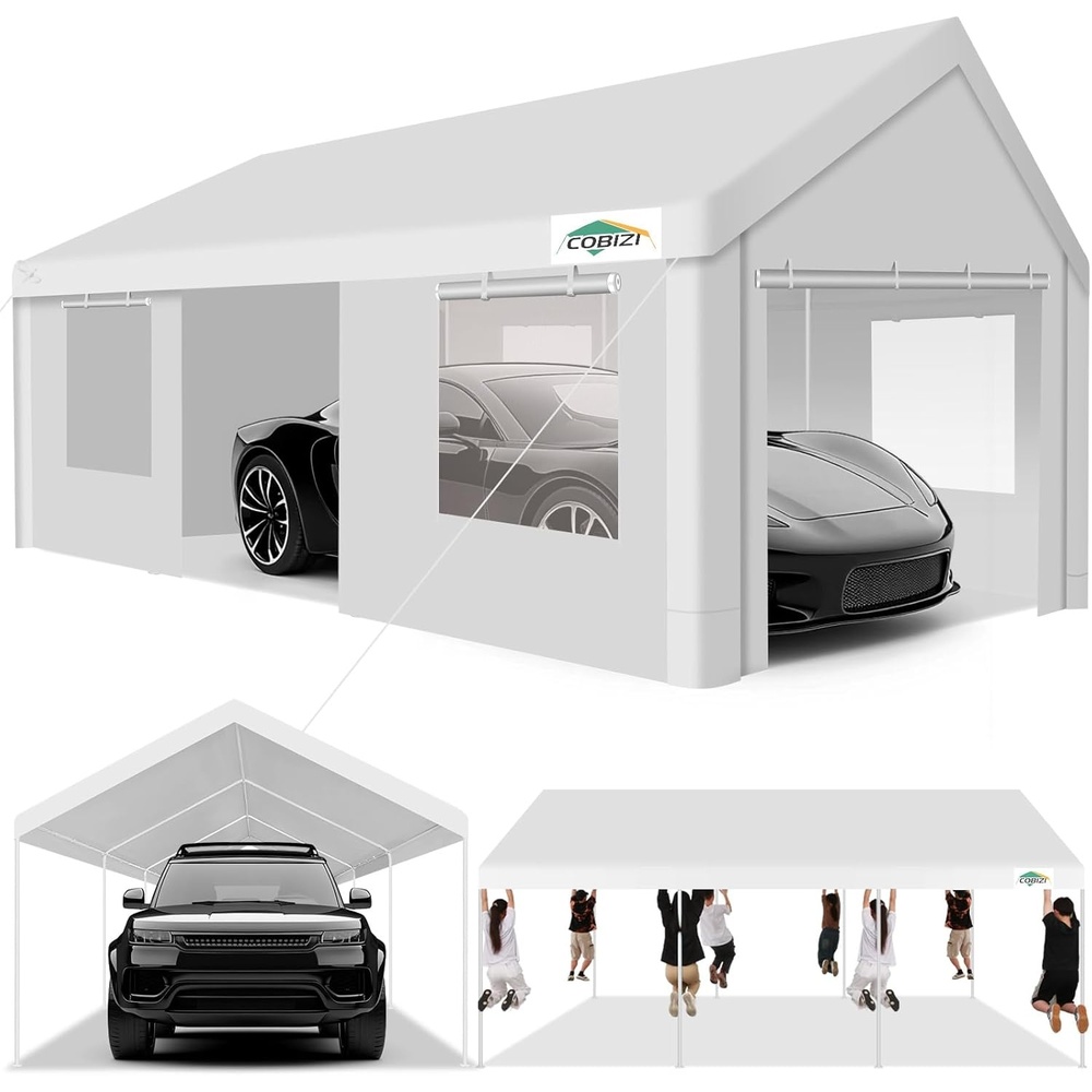 image:imageCOBIZI Car Ports 12x20 Heavy Duty Portable Garage Upgraded Car Canopy with Removable Sidewalls Ventilated Windows amp Builtin Sandbags Waterproof AllSeason Tarp Car Tent for Truck Boat White