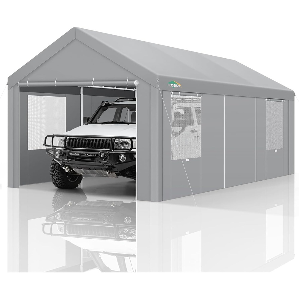 image:imageCOBIZI Carport Canopy 12x20 Heavy Duty Portable Garage with RollUp Ventilation Windows amp Doors Removable Sidewalls Car Canopy Car Tent Waterproof with Builtin Sandbags for Cars Boats Trucks Gray