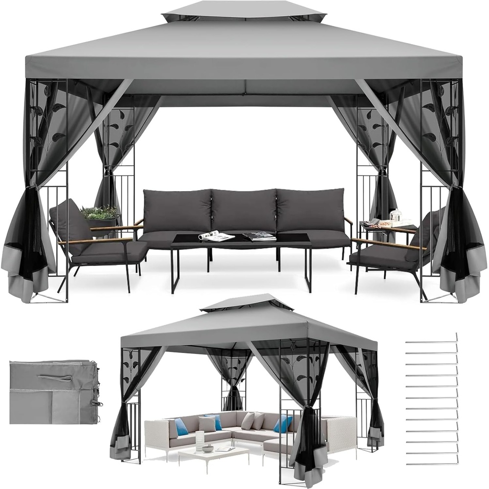 image:imageCOBIZI Gazebo 10x10 Heavy Duty Gazebos with Improved Nettings Outdoor Gazebo Double Roof Patio Gazebos with Metal Steel Frame Outdoor Canopy for Patio Deck Backyard GrayGray