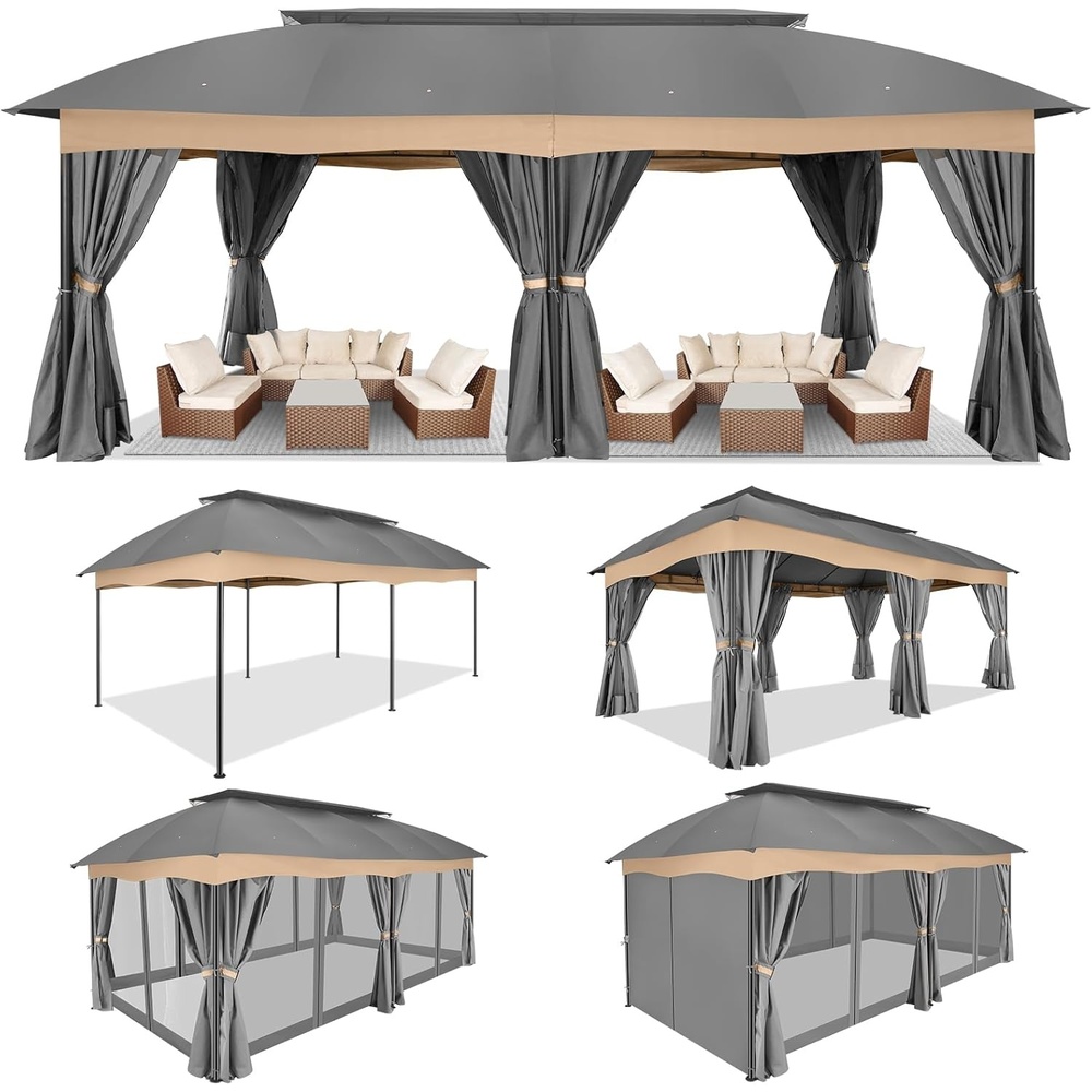 image:imageCOBIZI Gazebo 10x10 Heavy Duty Gazebos with Improved Nettings Outdoor Gazebo Double Roof Patio Gazebos with Metal Steel Frame Outdoor Canopy for Patio Deck Backyard GrayGreyUPF50