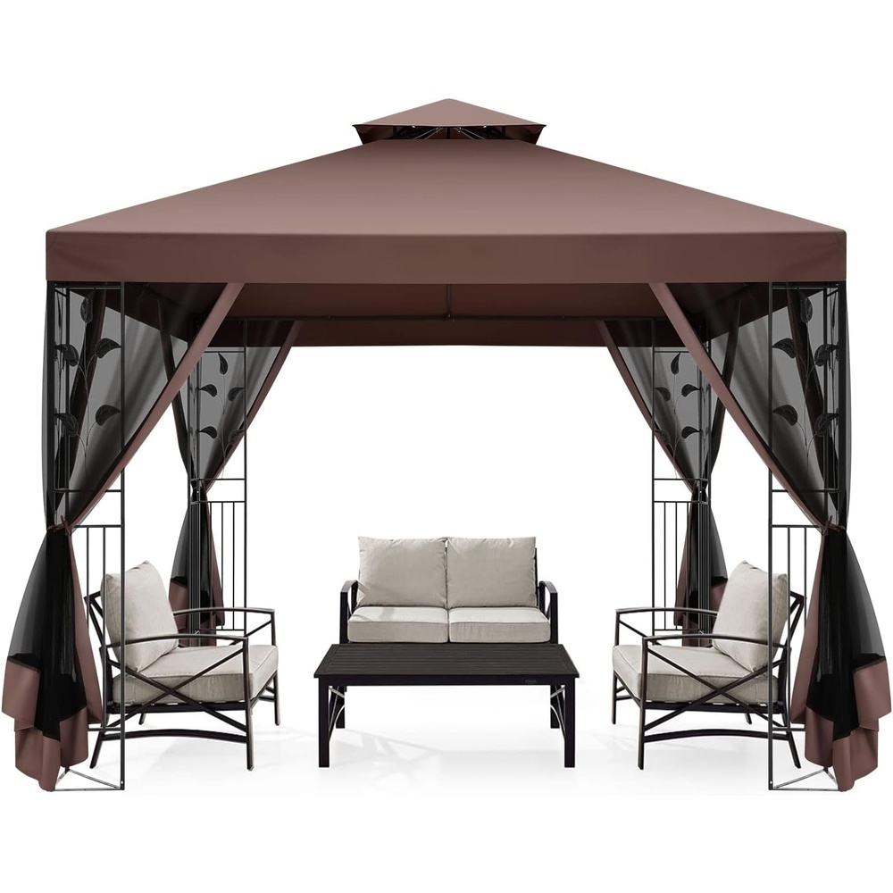 image:imageCOBIZI Gazebo 10x10 Heavy Duty Gazebos with Improved Nettings Outdoor Gazebo Double Roof Patio Gazebos with Metal Steel Frame Outdoor Canopy for Patio Deck Backyard GrayBrown