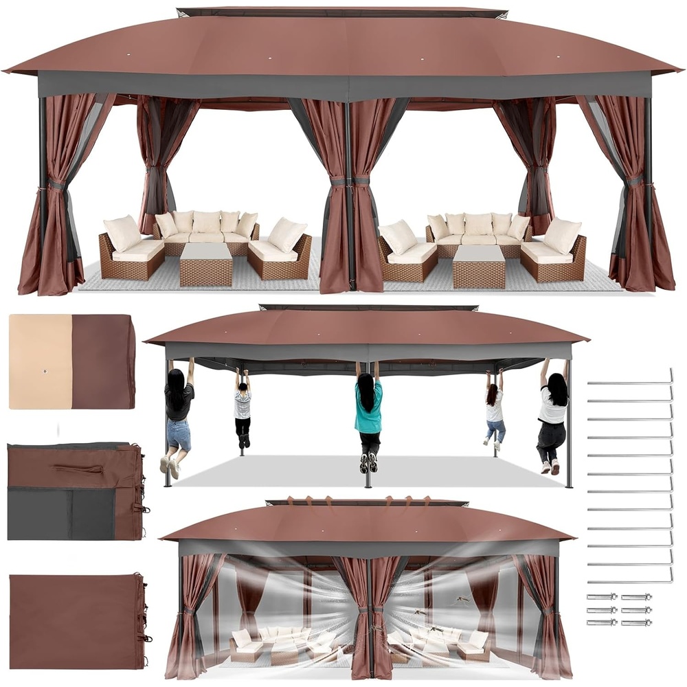 image:imageCOBIZI Gazebo 10x10 Heavy Duty Gazebos with Improved Nettings Outdoor Gazebo Double Roof Patio Gazebos with Metal Steel Frame Outdoor Canopy for Patio Deck Backyard GrayRed BrownUPF50