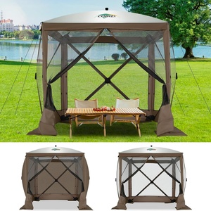 image:imageCOBIZI 16x16 Pop Up Gazebo Tent with Mosquito Netting Gazebos on Clearance Hexagonal Outdoor Canopy Shelter Patented Center Lock 6Sided Portable Gazebos Pop Up Canopy Tent for Backyard GrayClassic Brown