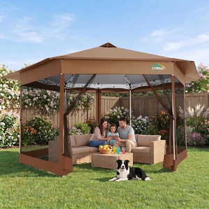 image:imageCOBIZI 16x16 Pop Up Gazebo Tent with Mosquito Netting Gazebos on Clearance Hexagonal Outdoor Canopy Shelter Patented Center Lock 6Sided Portable Gazebos Pop Up Canopy Tent for Backyard GrayBROWN